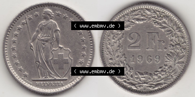 Münzen Schweiz Eurovorläufer, Umlaufmünze 1968-1982, 2 Franken B 1969 (3) Sammlung