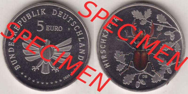 Münzen Deutschland 5 Euro-Sondermünzen 2024, D 5 Euro Hirschkäfer. Vorderseite und Rückseite eines Insekten-Motives als digitalisiertes Bild für Mobil-Geräte,... Sammlung