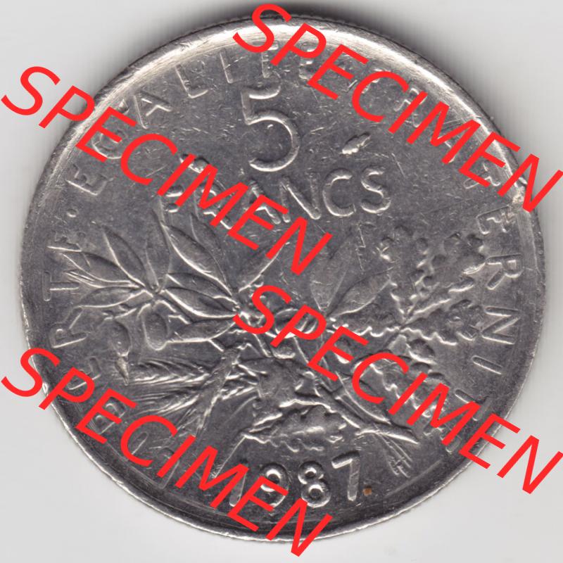 Münzen Frankreich Eurovorläufer, Umlaufmünze vor Euroeinführung 1970-2001, 5 Francs Liberte Egalite Fraternite. Vorderseite einer Münze aus Europa als Digitales... Sammlung