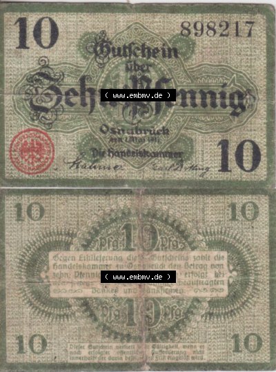 Notgeldscheine aus Osnabrück 1917, 10 Pfennig (3) Sammlung