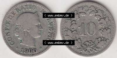 Münzen Schweiz Eurovorläufer, Umlaufmünze 1879-1915, 10 Rappen B 1900 (3) Sammlung