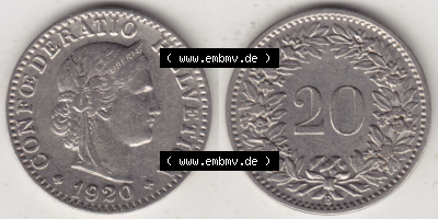 Münzen Schweiz Eurovorläufer, Umlaufmünze 1881-1938, 20 Rappen B 1920 II (3) Sammlung