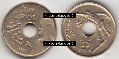 Münzen Spanien Eurovorläufer, Umlaufmünze vor Euroeinführung 1990-1991, 25 PTAS - Peseten 1991 (3) Sammlung