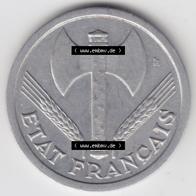 Münzen Frankreich Eurovorläufer, Umlaufmünze vor Euroeinführung 1943-1944, 2 Francs, Franken 1943. Rückseite einer Münze... Sammlung