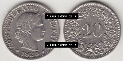 Münzen Schweiz Eurovorläufer, Umlaufmünze 1881-1938, 20 Rappen B 1920 (3) Sammlung