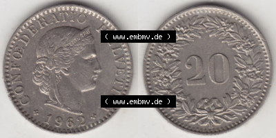 Münzen Schweiz Eurovorläufer, Umlaufmünze 1939-2018, 20 Rappen B 1962 I. (3) Sammlung