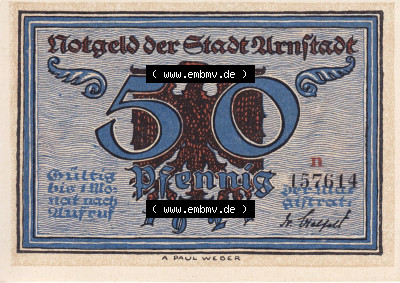 Notgeldscheine aus Arnstedt 1921, 50 Pfennig n (1) Sammlung