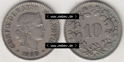 Münzen Schweiz Eurovorläufer, Umlaufmünze 1919-1931, 10 Rappen B 1930 I. (3) Sammlung