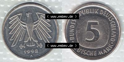 Münzen Deutschland Münzsätze Deutsche Mark Stempelglanz 1998, 5 DM-Deutsche Mark (3) Sammlung