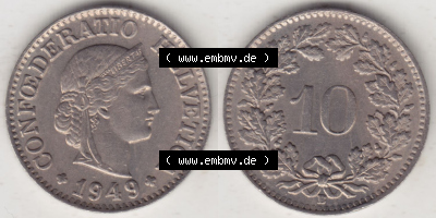 Münzen Schweiz Eurovorläufer, Umlaufmünze 1940-Heute, 10 Rappen B 1949 (3) Sammlung