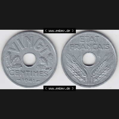 Münzen Frankreich Eurovorläufer, Umlaufmünze vor Euroeinführung 1941-1941, VINGT 20 Centimes, Cent. Vorderseite und Rückseite Nebeneinander einer Münze... Sammlung