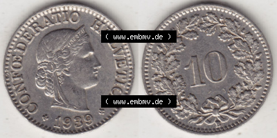 Münzen Schweiz Eurovorläufer, Umlaufmünze 1932-1939, 10 Rappen B 1939 (3) Sammlung