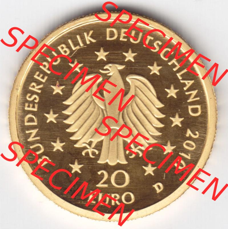 Münzen Deutschland 20 Euro Goldmünzen Deutscher Wald, 1/8 Unze Gold 2010. Vorderseite einer Münze aus dem deutschen Kaiserreich in Europa als Digitales Bild / Bildmaterial... Sammlung