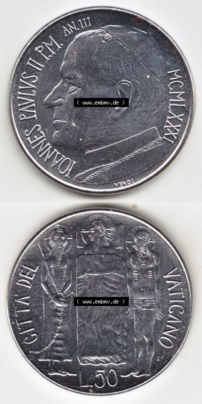 Münzen Vatikan Eurovorläufer, Umlaufmünze vor Euroeinführung 1981-1981, 50 Lire Papst Johannes Paul II (4) Sammlung