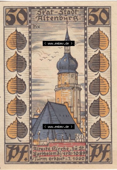 Notgeldscheine aus Altenburg Skat Älteste Kirche Bartholomä 1089 (1) Sammlung