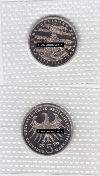 Münzen Deutschland 5 DM-Gedenkmünze 1984, Medelssohn Bartholdy (3) Sammlung