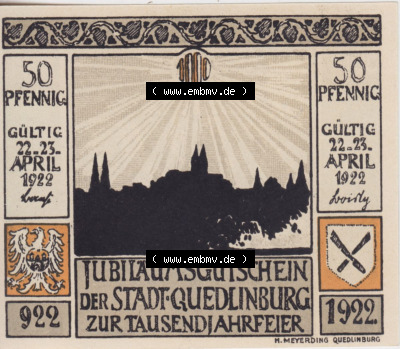Notgeldscheine aus Quedlinburg 1922, 50 Pfennig Einzug der Preußen 1698 (2) Sammlung