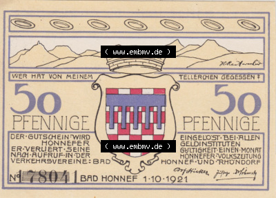 Notgeldscheine aus Bad Honnef 1921, 50 Pfennig Honschaft Beutel (2) Sammlung
