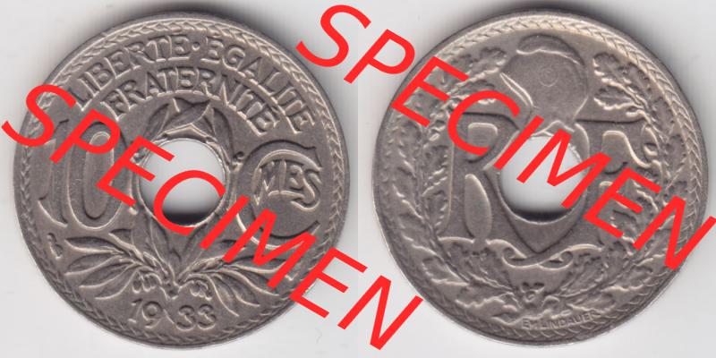 Münzen Frankreich Eurovorläufer, Umlaufmünze vor Euroeinführung 1917-1938, 10 Centimes, Cent 1933. Vorderseite und Rückseite Nebeneinander einer Münze... Sammlung