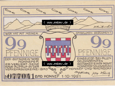 Notgeldscheine aus Bad Honnef 1921, 99 Pfennig Alte Kapelle (2) Sammlung