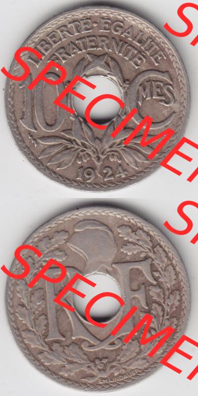 Münzen Frankreich Eurovorläufer, Umlaufmünze vor Euroeinführung 1917-1938, 10 Centimes, Cent 1924. Vorderseite und Rückseite Vertikal Untereinander einer... Sammlung