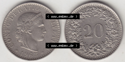 Münzen Schweiz Eurovorläufer, Umlaufmünze 1939-2018, 20 Rappen B 1963 V. (3) Sammlung