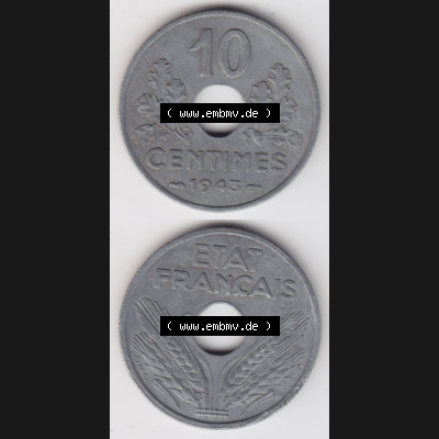 Münzen Frankreich Eurovorläufer, Umlaufmünze vor Euroeinführung 1941-1943, 10 Centimes, Etat Francais 1943. Vorderseite und Rückseite Vertikal Untereinander,... Sammlung