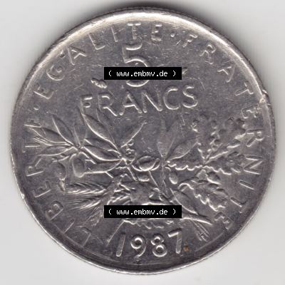 Münzen Frankreich Eurovorläufer, Umlaufmünze vor Euroeinführung 1970-2001, 5 Francs Liberte Egalite Fraternite. Vorderseite einer Münze aus Europa als Digitales... Sammlung