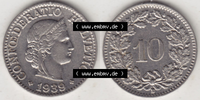 Münzen Schweiz Eurovorläufer, Umlaufmünze 1932-1939, 10 Rappen B 1939 (3) Sammlung