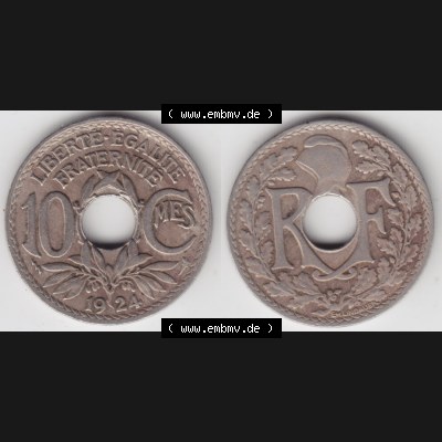 Münzen Frankreich Eurovorläufer, Umlaufmünze vor Euroeinführung 1917-1938, 10 Centimes, Cent 1924. Vorderseite und Rückseite Nebeneinander einer Münze... Sammlung