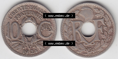 Münzen Frankreich Eurovorläufer, Umlaufmünze vor Euroeinführung 1917-1938, 10 Centimes, Cent 1924. Vorderseite und Rückseite... Sammlung