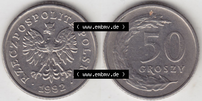 Münzen Polen / Polska Eurovorläufer, Umlaufmünze vor Euroeinführung 1990-2016, 50 Groszy 1992 (3) Sammlung
