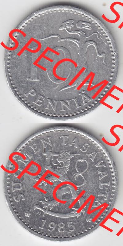 Münzen Finnland / SUOMI Eurovorläufer, Umlaufmünze vor Euroeinführung 1983-1990, 10 Penniä 1985. Rückseite und Vorderseite vertikal untereinander für... Sammlung