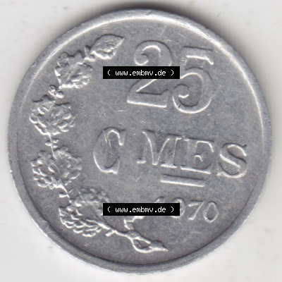 Münzen Luxemburg / Lëtzebuerg Eurovorläufer, Umlaufmünze vor Euroeinführung 1954-1972, 25 Centimes - C-MES 1970 I. (1) Sammlung