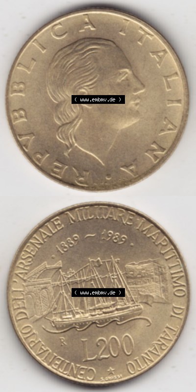 Münzen Italien / Italia Eurovorläufer, Umlaufmünze vor Euroeinführung 1989-1989, 200 Lire Marinebasis Tarent (4) Sammlung