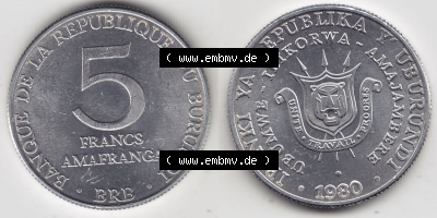 Münzen aus Afrika Burundi Umlaufmünze 1976-2013, 5 France Franken 1980 (3) Sammlung