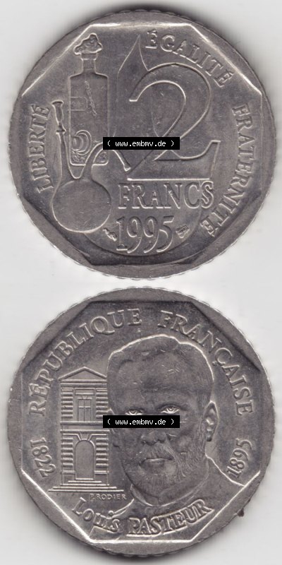 Münzen Frankreich Eurovorläufer, Umlaufmünze vor Euroeinführung 1995-1995, 2 France Louis Rasteur. Vorderseite und Rückseite... Sammlung