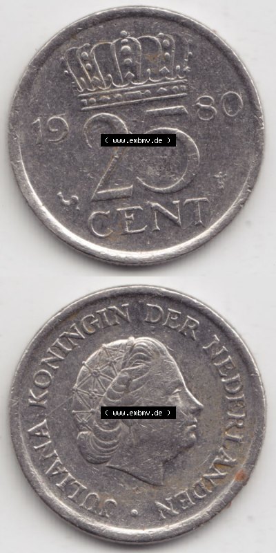 Münzen Niederlande / Netherlands Eurovorläufer, Umlaufmünze vor Euroeinführung 1950-1980, 25 Cent 1980 (4) Sammlung