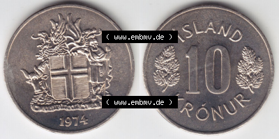 Münzen Island Eurovorläufer, Umlaufmünze vor Euroeinführung 1967-1980, 10 Kronur, Kronen 1974 (3) Sammlung