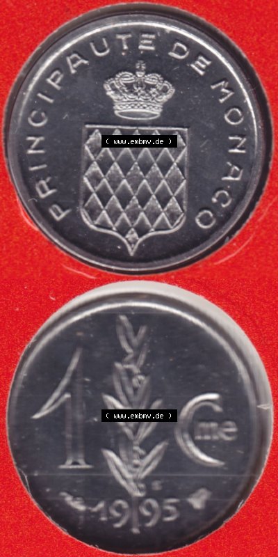 Münzen Monaco / Mu̍negu Eurovorläufer, Umlaufmünze vor Euroeinführung 1976-1995, Centime 1995 (4) Sammlung
