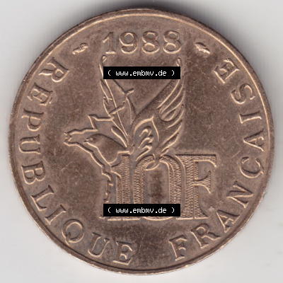 Münzen Frankreich Eurovorläufer, Umlaufmünze vor Euroeinführung 1988-1988, 10 Francs Roland Garros. Rückseite einer Münze... Sammlung