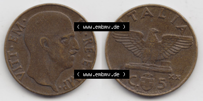 Münzen Italien / Italia Eurovorläufer, Umlaufmünze vor Euroeinführung 1939-1943, 5 Centesimi 1942 (3) Sammlung
