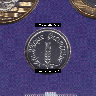 Münzen Frankreich Eurovorläufer, Umlaufmünze vor Euroeinführung 2000, 1 Centime. Rückseite einer Münze aus Europa als Digitales... Sammlung