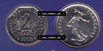 Münzen Frankreich Eurovorläufer, Umlaufmünze vor Euroeinführung 2000, 2 Francs. Vorderseite und Rückseite Nebeneinander einer... Sammlung