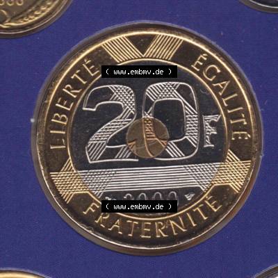 Münzen Frankreich Eurovorläufer, Umlaufmünze vor Euroeinführung 2000, 20 Francs. Vorderseite einer Münze aus Europa als Digitales Bild / Bildmaterial zum... Sammlung