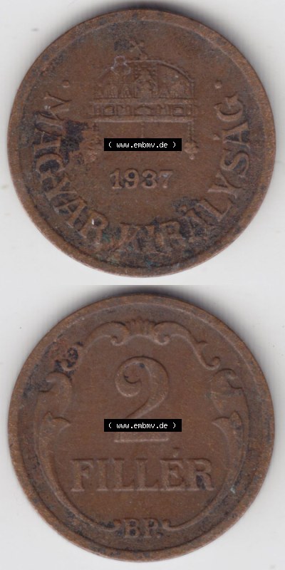 Münzen Ungarn / Magyarország Eurovorläufer, Umlaufmünze vor Euroeinführung 1926-1940, 2 Filler 1937 (4) Sammlung