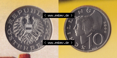 Münzen Österreich / Austria Eurovorläufer, Umlaufmünze vor Euroeinführung 1974-2001, 10 Schilling 2000 (3) Sammlung