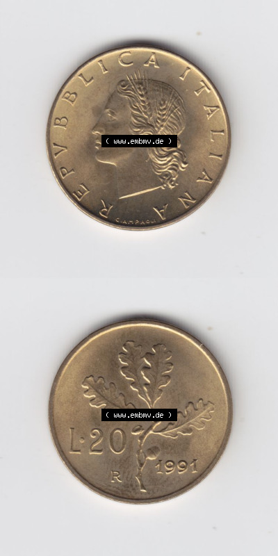 Münzen Italien / Italia Eurovorläufer, Umlaufmünze vor Euroeinführung 1956-2001, 20 Lira bzw. Lire 1991 (4) Sammlung