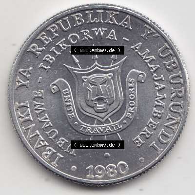 Münzen aus Afrika Burundi Umlaufmünze 1976-2013, 5 France Franken 1980 (2) Sammlung