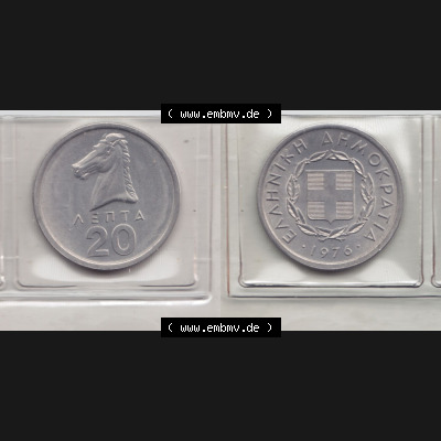 Münzen Griechenland Eurovorläufer, Umlaufmünze vor Euroeinführung 1976 , 20 Lepta. VS+RS auf einen Bild/Foto einer Münze aus Griechenland in Europa... Sammlung